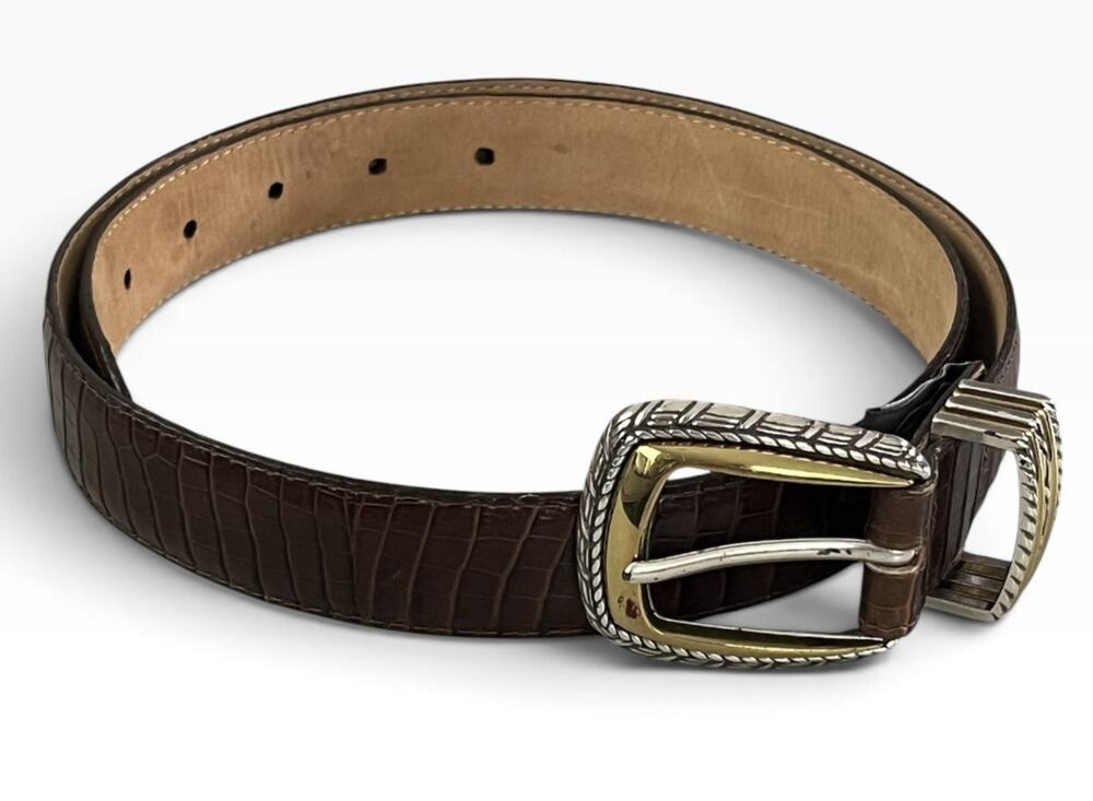 Brighton Classics Belt Size L 34 Croc Embossed USA 4B708 Silver Gold Tone Brown